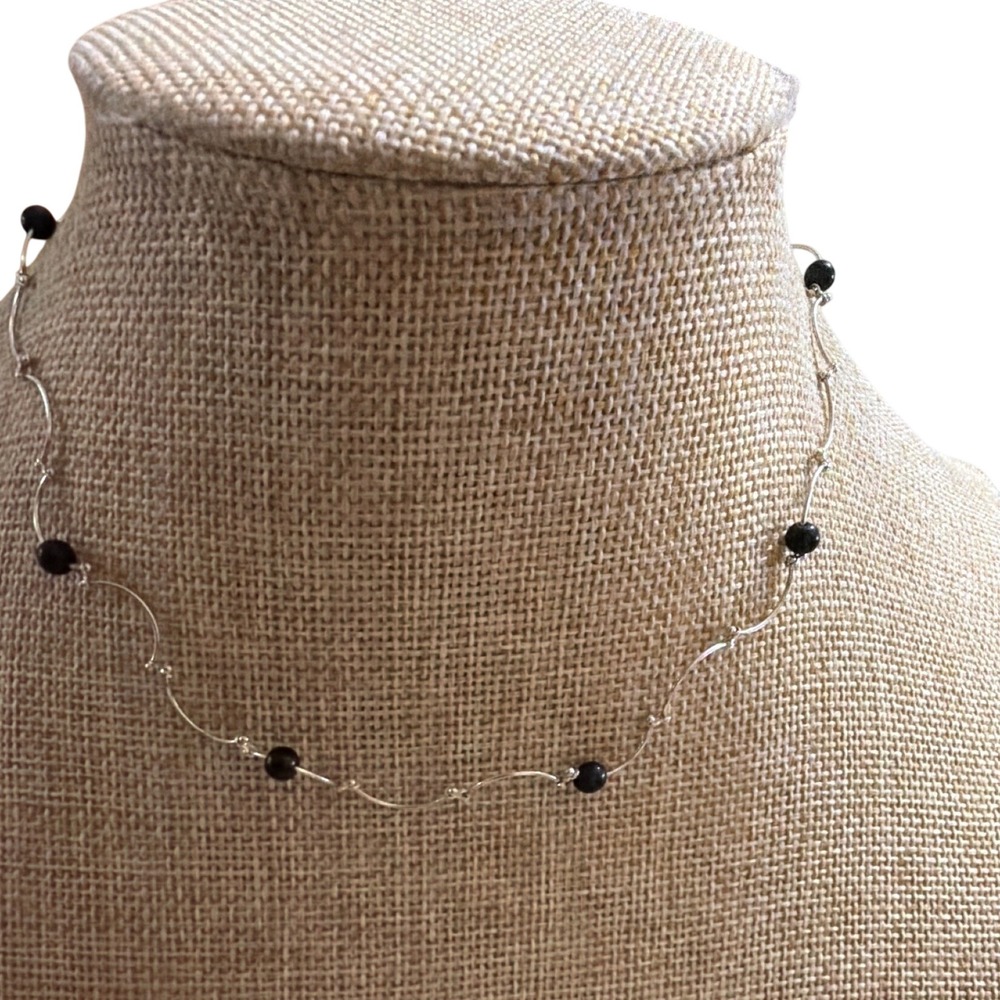 Silver Tone Wavy Wire Link Necklace with Black Beads Dark Romance Whimsigoth